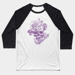 Purple line art Skull and Roses Baseball T-Shirt